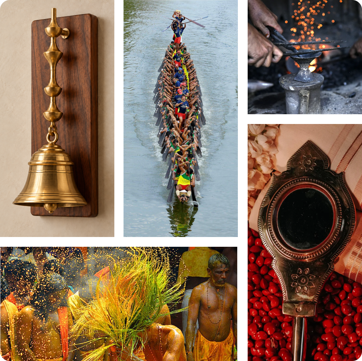 Mannar bell metal community, sacred temple bell, Aranmula boat race, forging sparks, and Valkannadi metal mirror